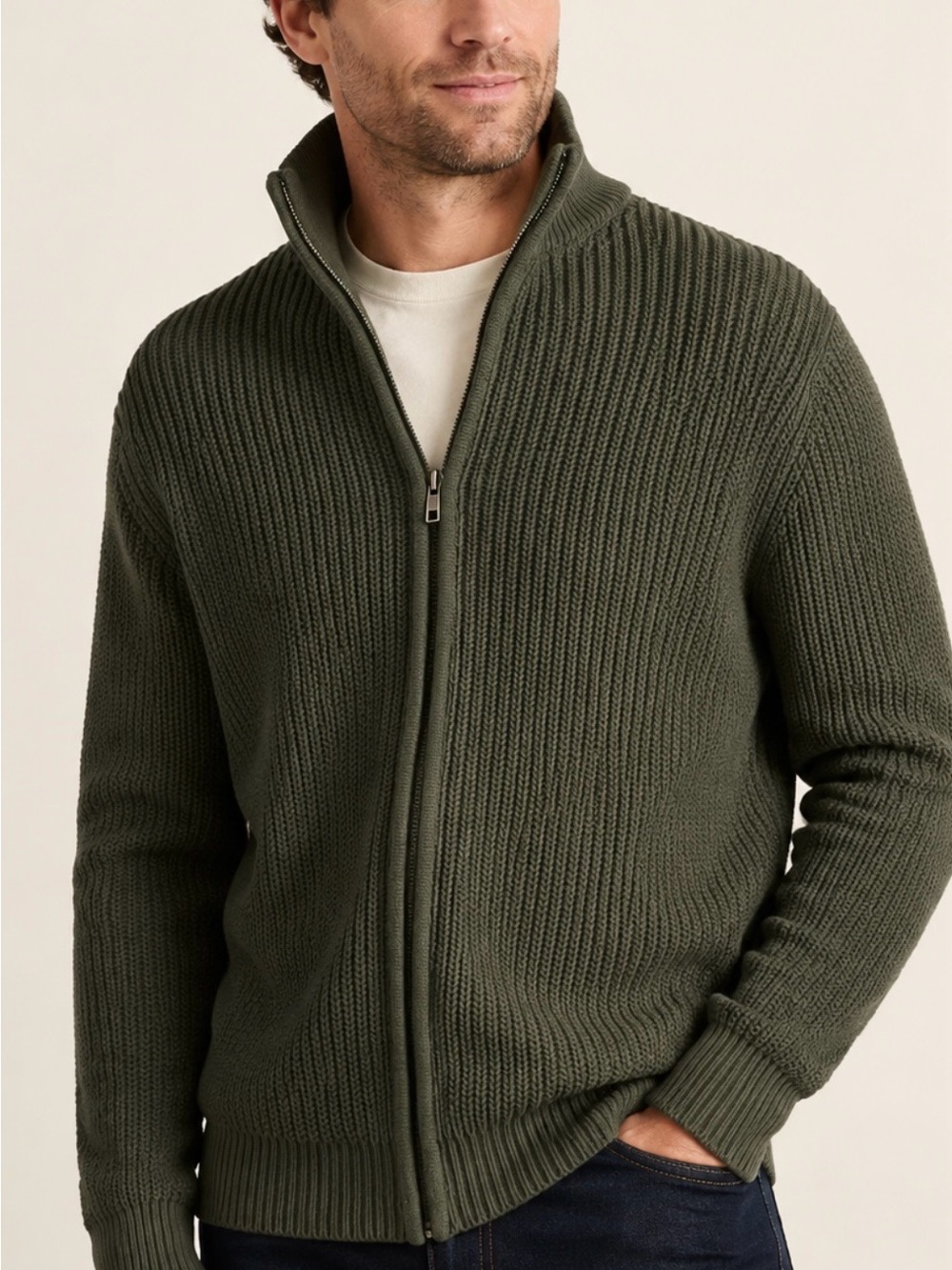 L.L. Bean Men's Army Green Zip-Up Ribbed Sweater Large Cotton